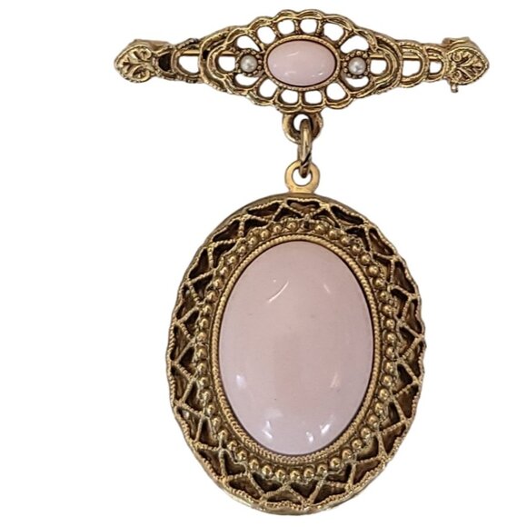 1928 Brand Faux Coral Clear Rhinestone Locket Bar Pin Brooch K351